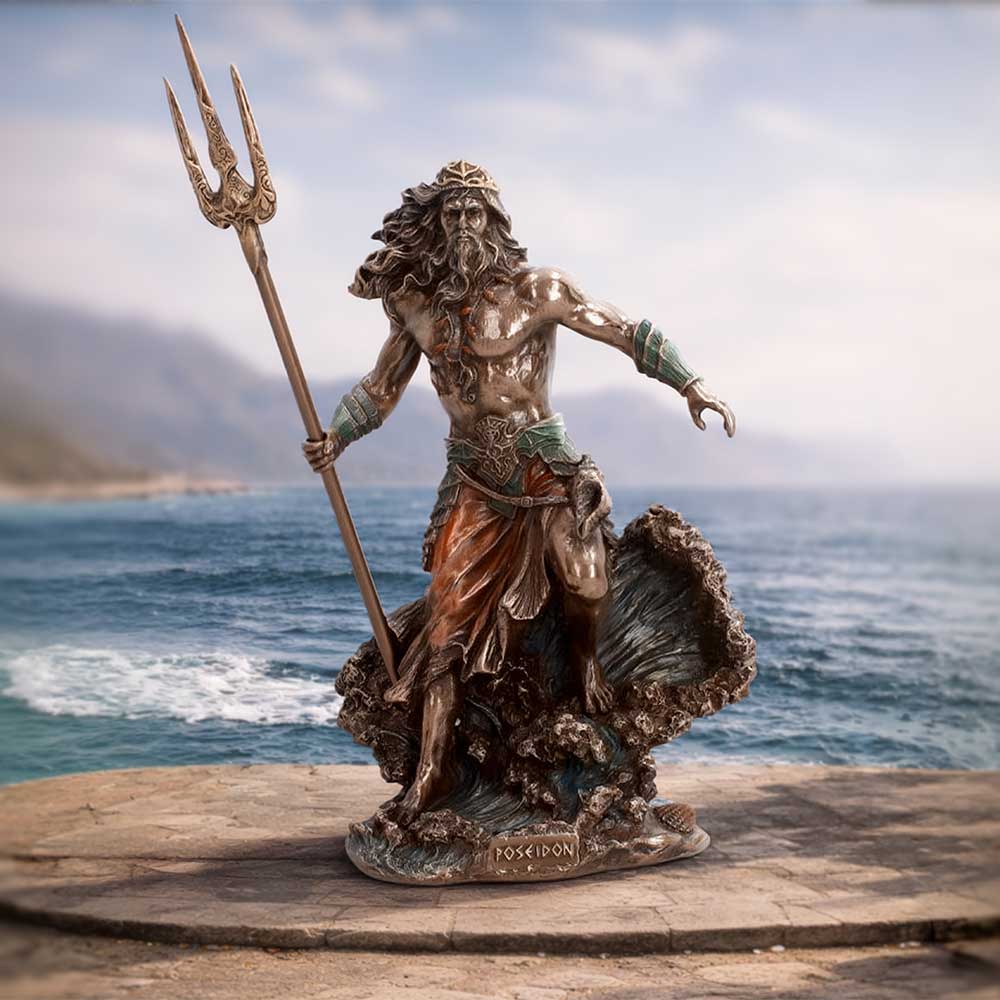 Poseidon Greek God of the Sea Figurine - Poseidon in a styled ocean display