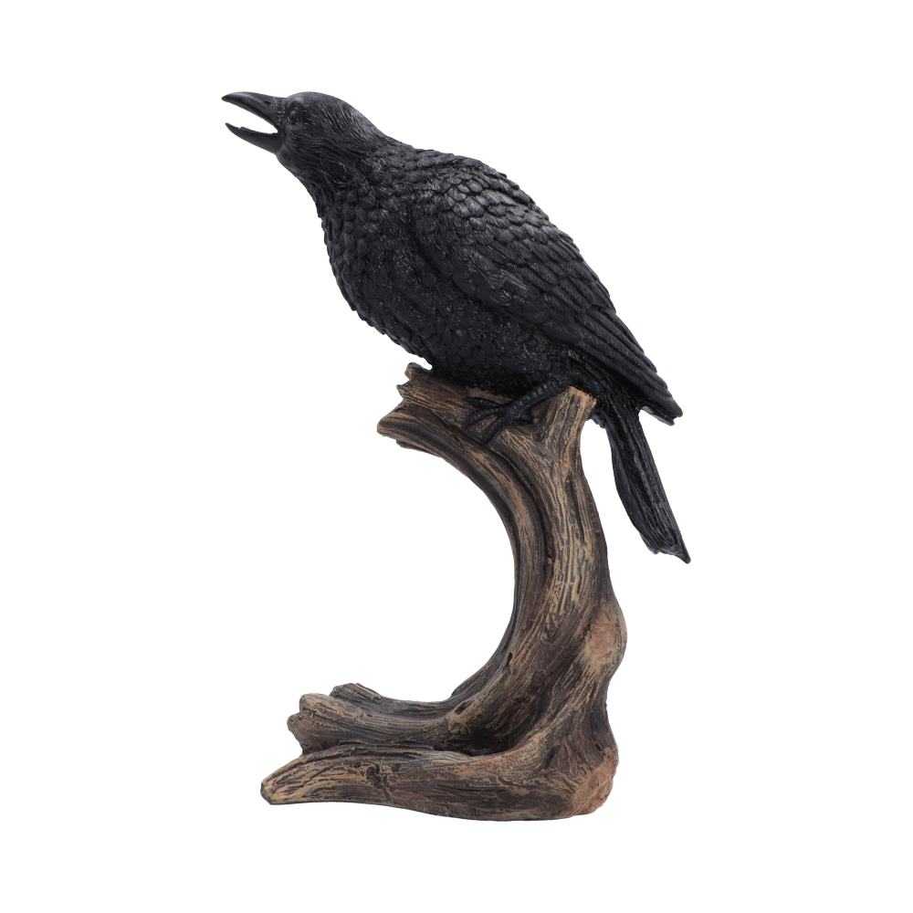 Raven’s Caw Raven Ornament - angled raven with raised head and layered folded-wing feathers