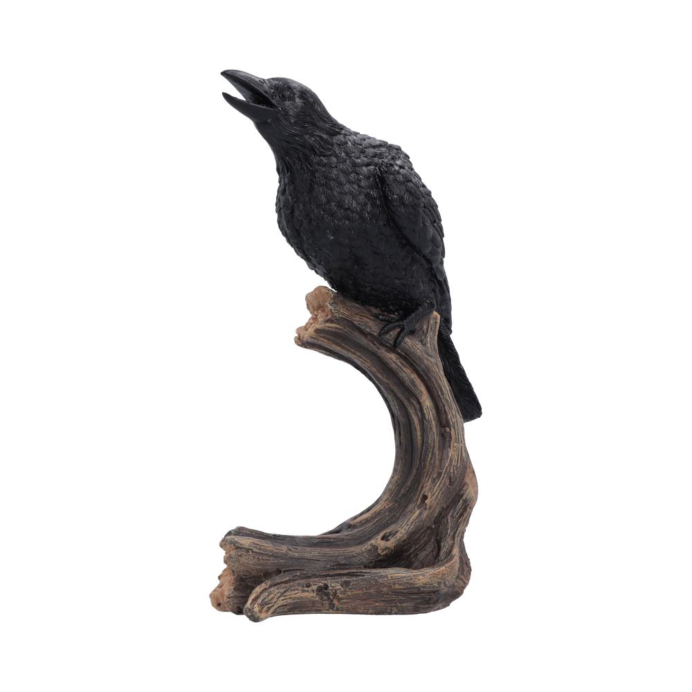 Raven’s Caw Raven Ornament - black raven calling from a curved brown wood-effect perch