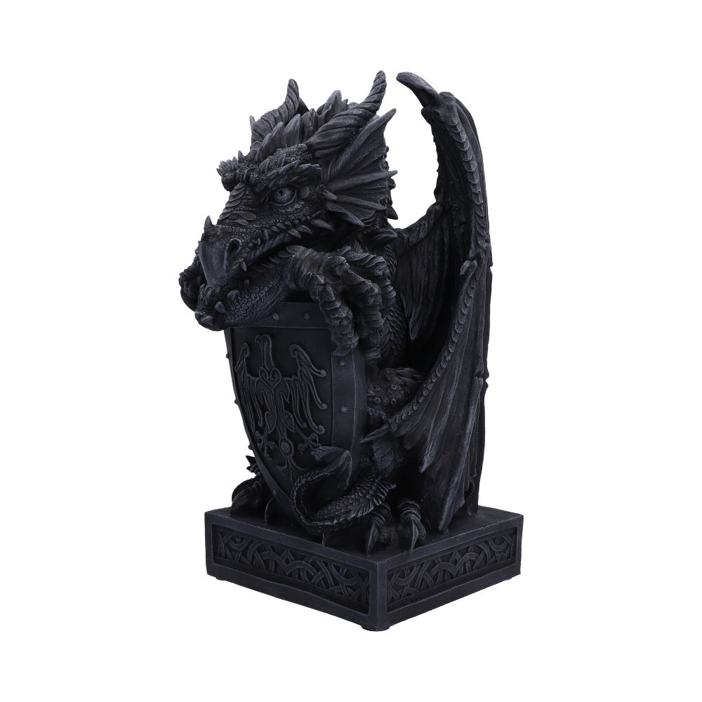 Ironshield Guardian Dragon Ornament - angled view of the stone-effect dragon and shield relief