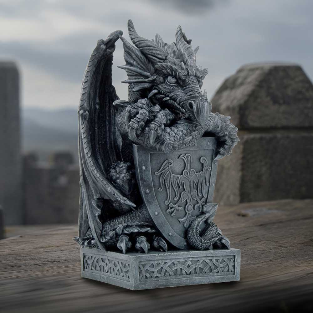 Ironshield Guardian Dragon Ornament - dark dragon guardian displayed against a stone-like backdrop