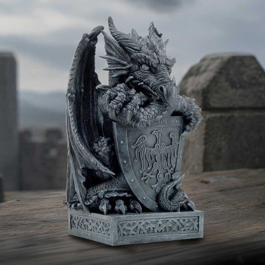 Ironshield Guardian Dragon Ornament - dark dragon guardian displayed against a stone-like backdrop