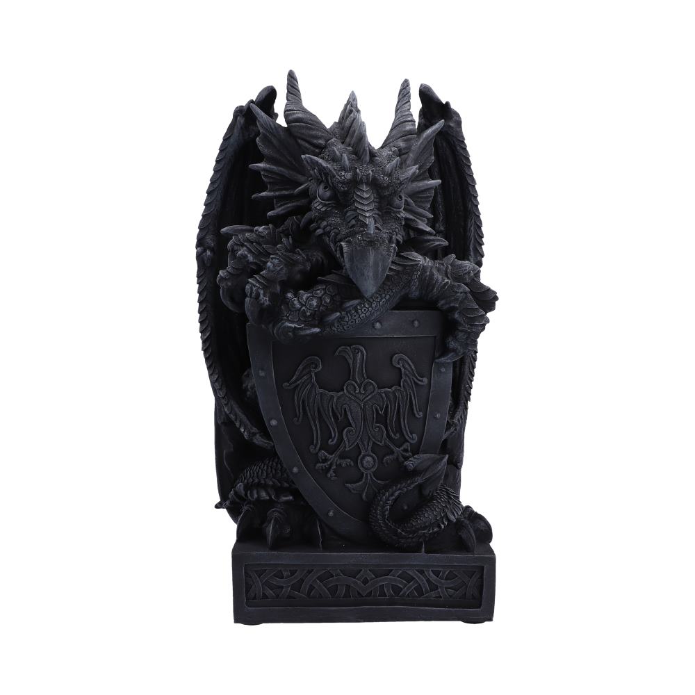Ironshield Guardian Dragon Ornament - front of the horned dragon guarding an ornate shield