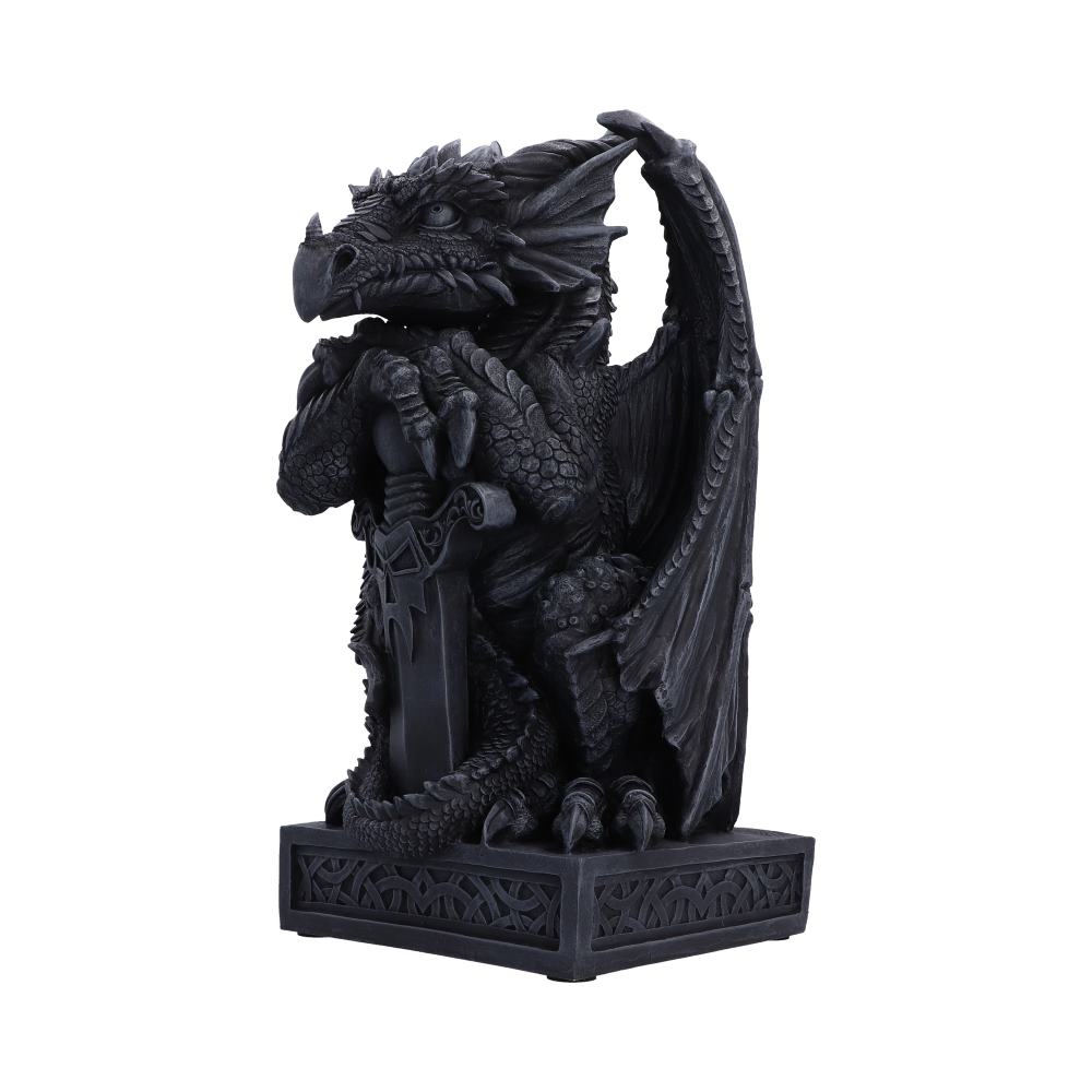 Ironblade Sentinel Dragon Ornament - angled guardian with scaled tail curled around the blade