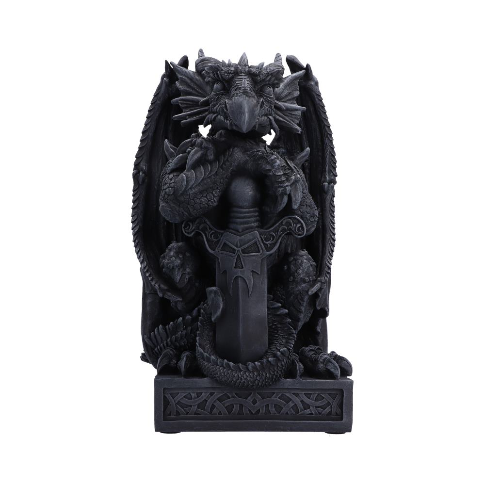 Ironblade Sentinel Dragon Ornament - front of the dark dragon holding a long decorated sword