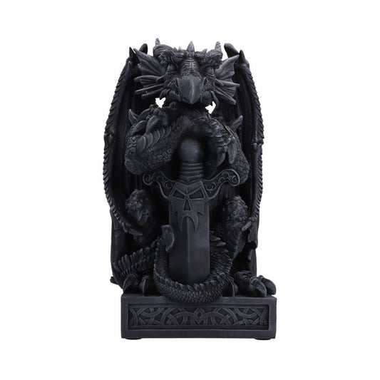 Ironblade Sentinel Dragon Ornament - front of the dark dragon holding a long decorated sword
