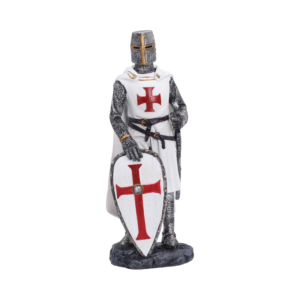 Templar’s Oath Knight Figurine - white-tunicked knight with red-cross shield and enclosed helmet