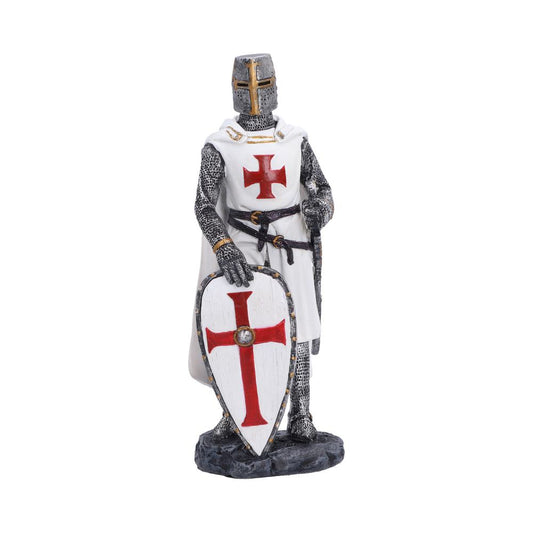 Templar’s Oath Knight Figurine - white-tunicked knight with red-cross shield and enclosed helmet