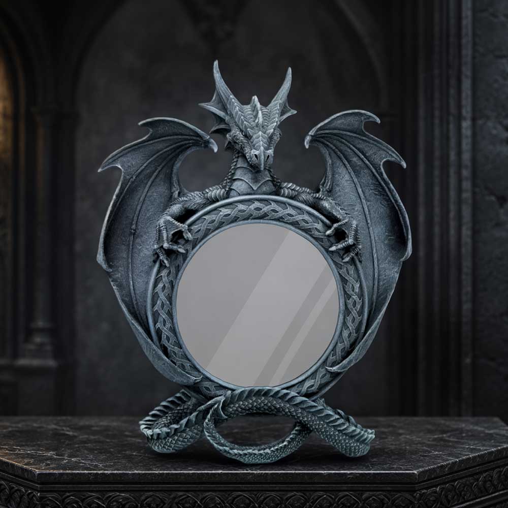 Darkwing Reflection Dragon Mirror - freestanding dragon mirror on a gothic display surface