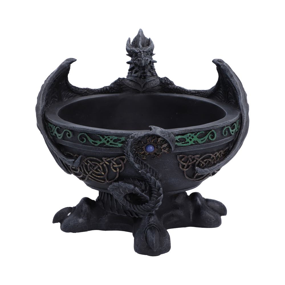 Darkwing Hoard Dragon Trinket Dish - open dish beneath a black dragon head and wrapping wings
