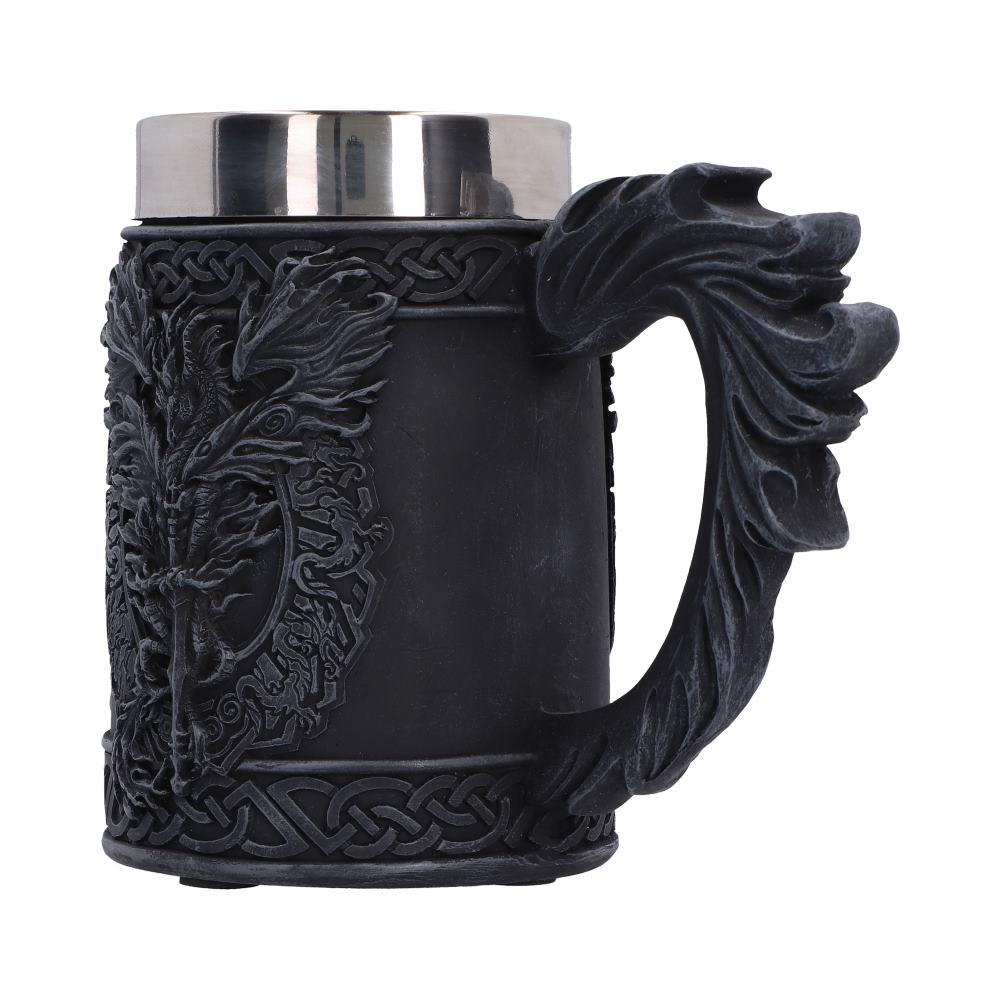 Ruth Thompson Dragon Blade Tankard - angled body with crossed-sword border and wing handle