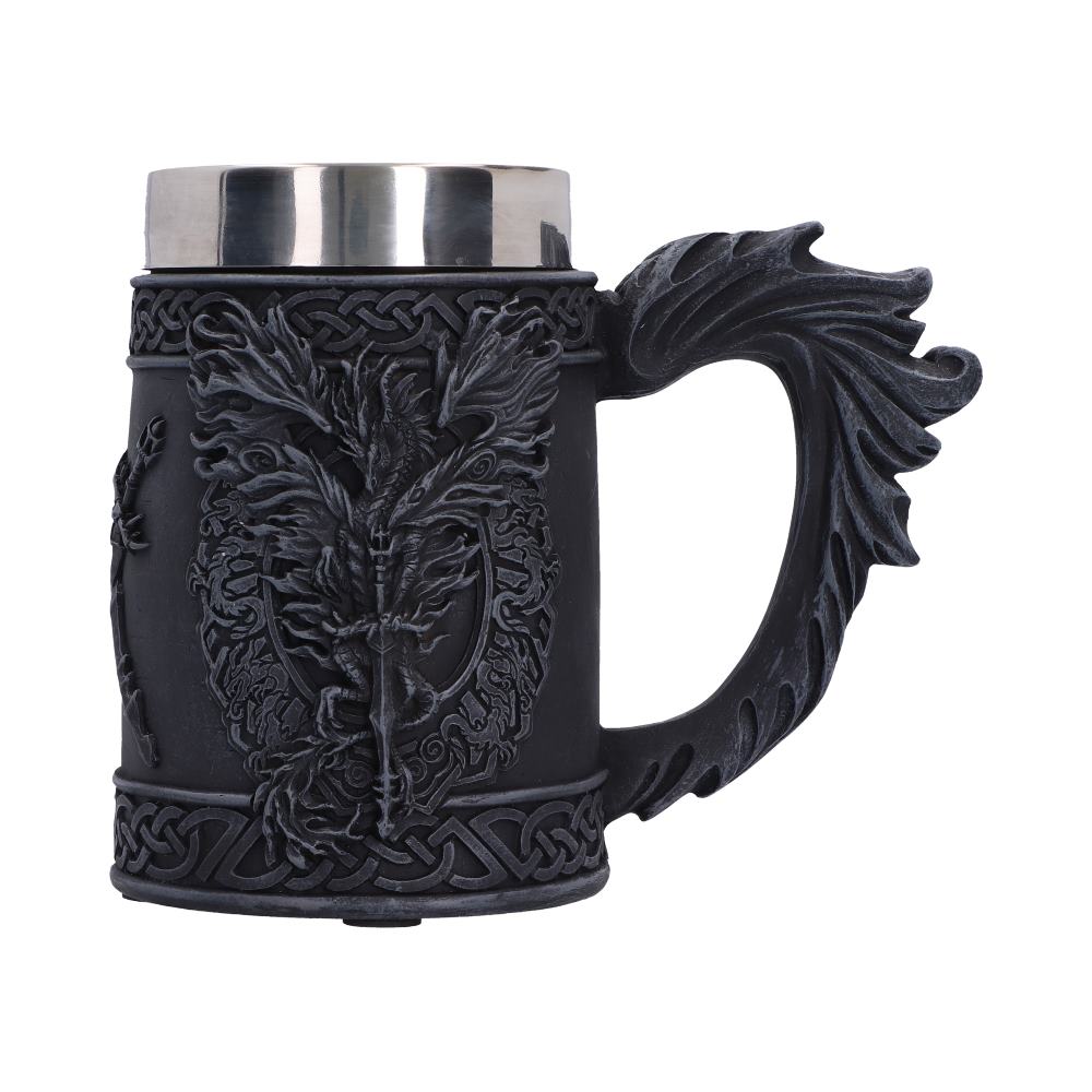 Ruth Thompson Dragon Blade Tankard - raised dragon and sword artwork on the dark tankard