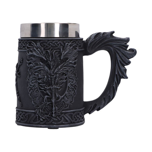 Ruth Thompson Dragon Blade Tankard - raised dragon and sword artwork on the dark tankard
