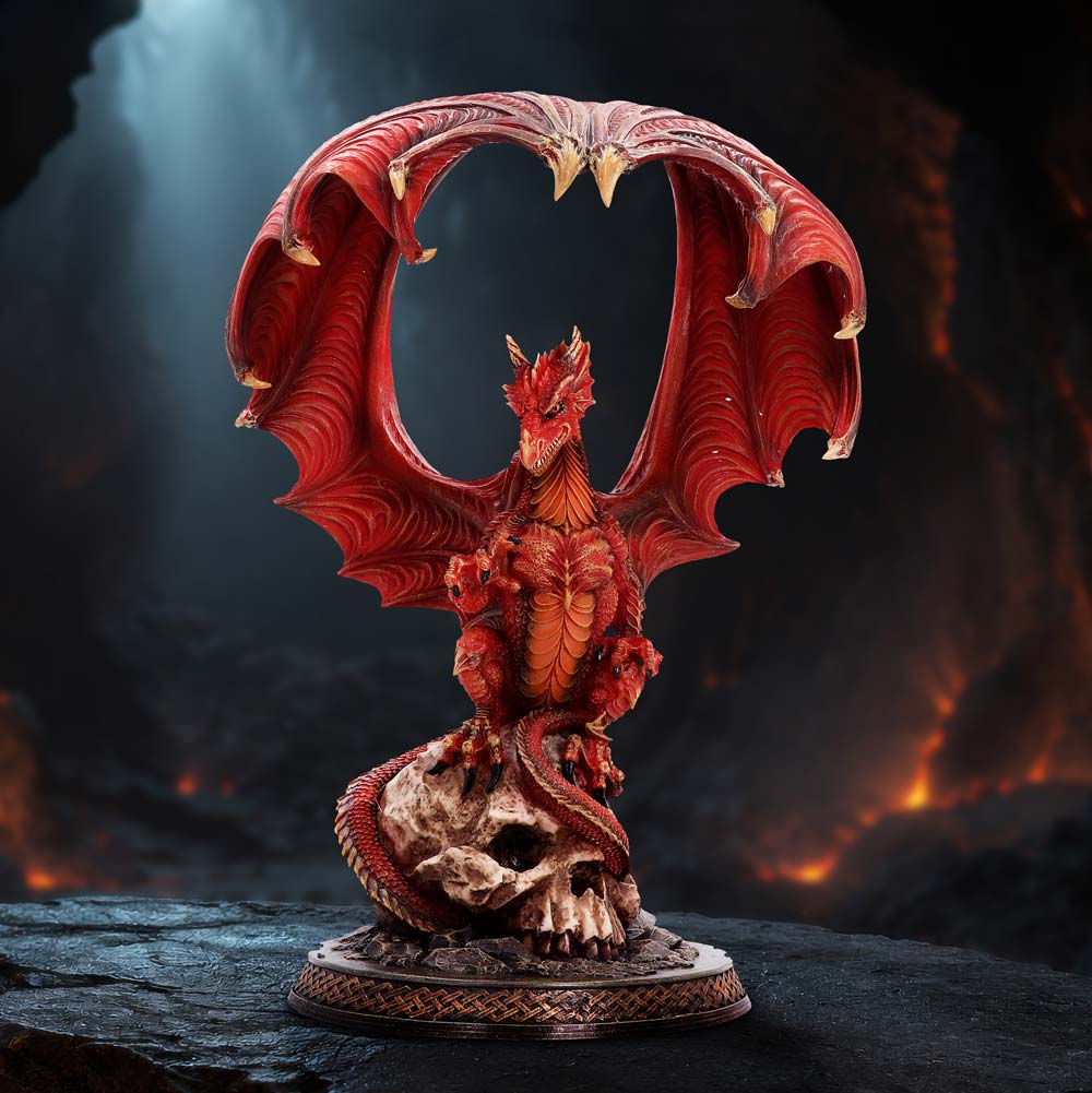 Ember King Dragon Ornament - Ember King in a dark fantasy display with its pale skull base