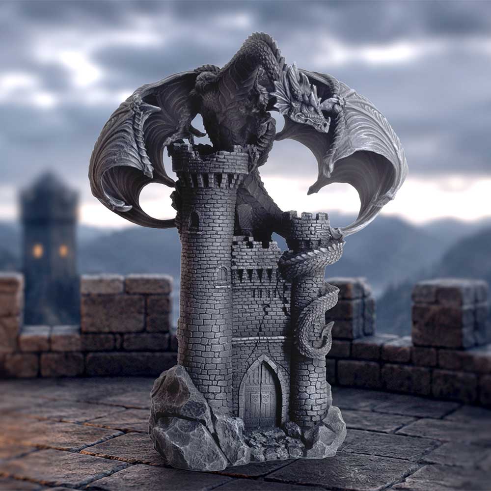 Dark Citadel Dragon Ornament - dark dragon castle sculpture in a fantasy setting