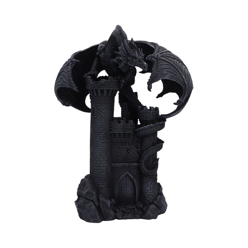 Dark Citadel Dragon Ornament - black dragon clinging to a stone-effect castle tower