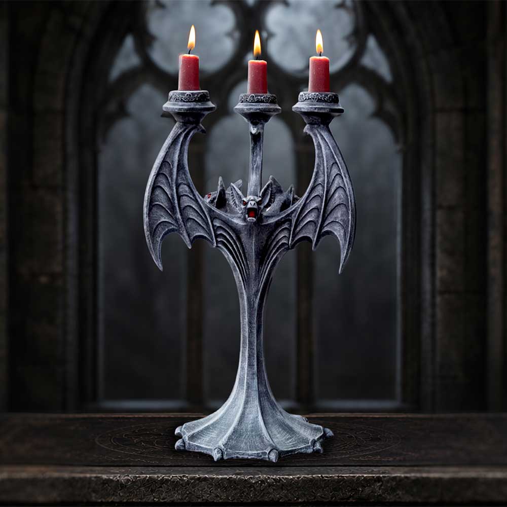 Nocturnal Flame Bat Candle Holder - three red candles set in the gothic bat holder
