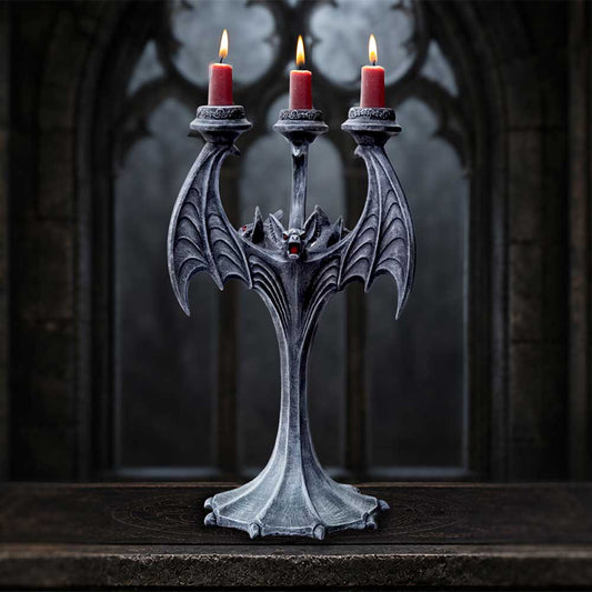 Nocturnal Flame Bat Candle Holder - three red candles set in the gothic bat holder