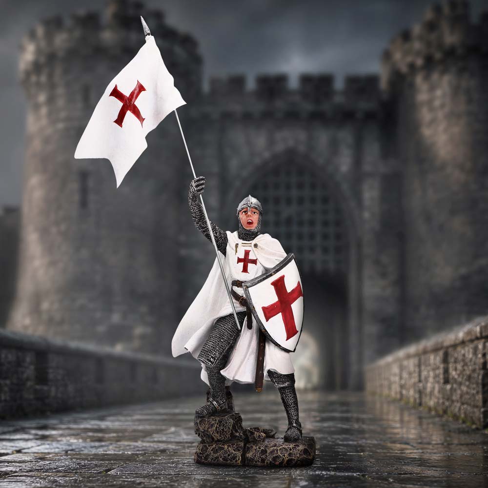 Banner of Glory Knight Figurine - banner-bearing knight in a medieval castle-themed scene