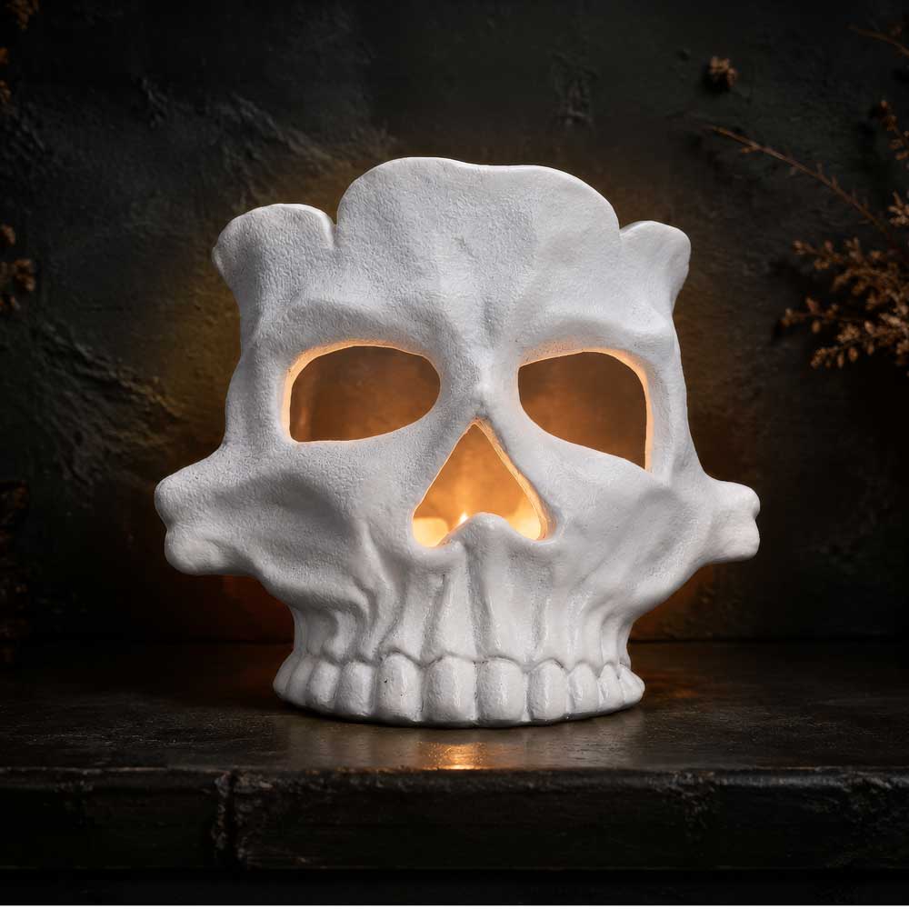 Afterglow White Skull Tea Light Holder - white skull holder glowing with a tea light inside