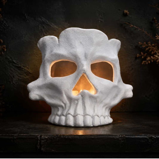 Afterglow White Skull Tea Light Holder - white skull holder glowing with a tea light inside