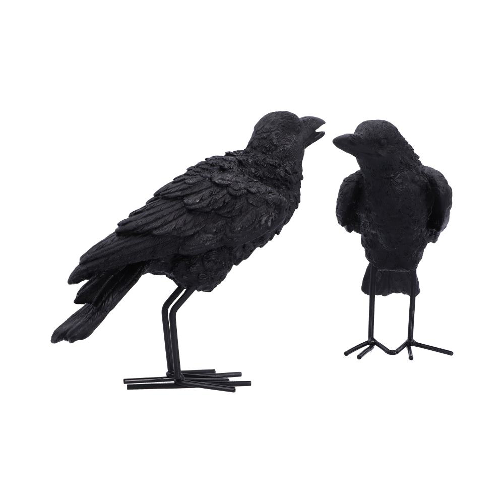 Watchful Pair Raven Ornament Set - angled pair showing folded wings and textured feathers