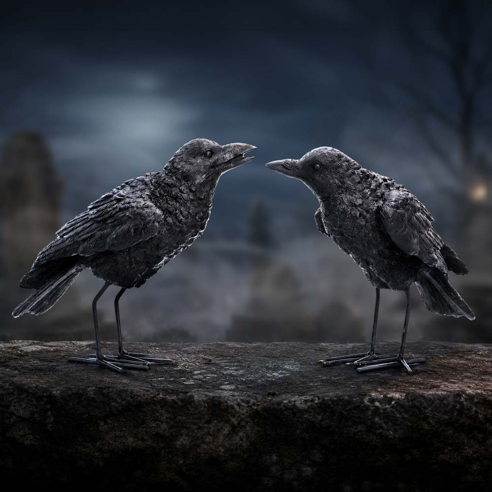 Watchful Pair Raven Ornament Set - black raven pair arranged in a woodland scene