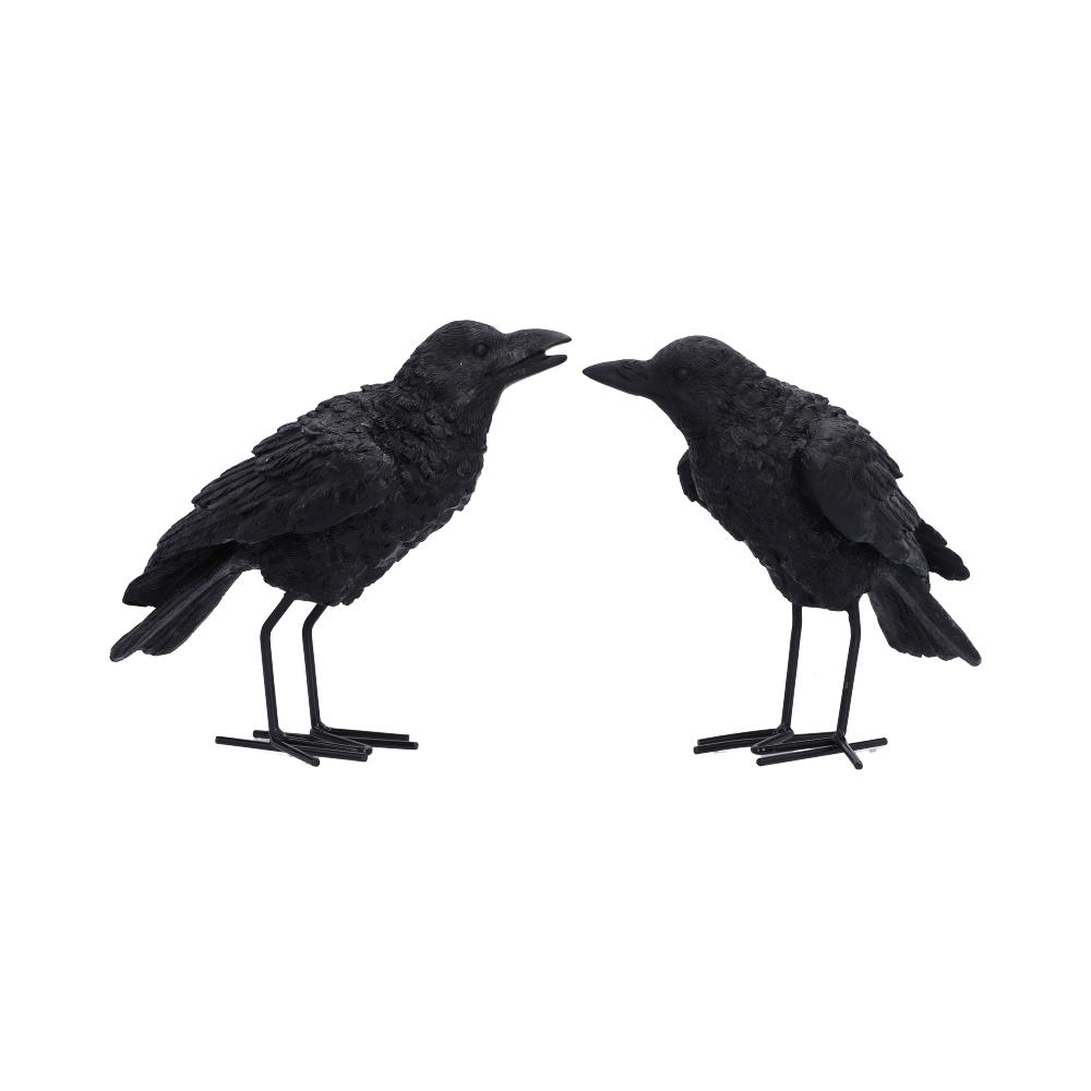 Watchful Pair Raven Ornament Set - two black ravens facing each other on separate feet