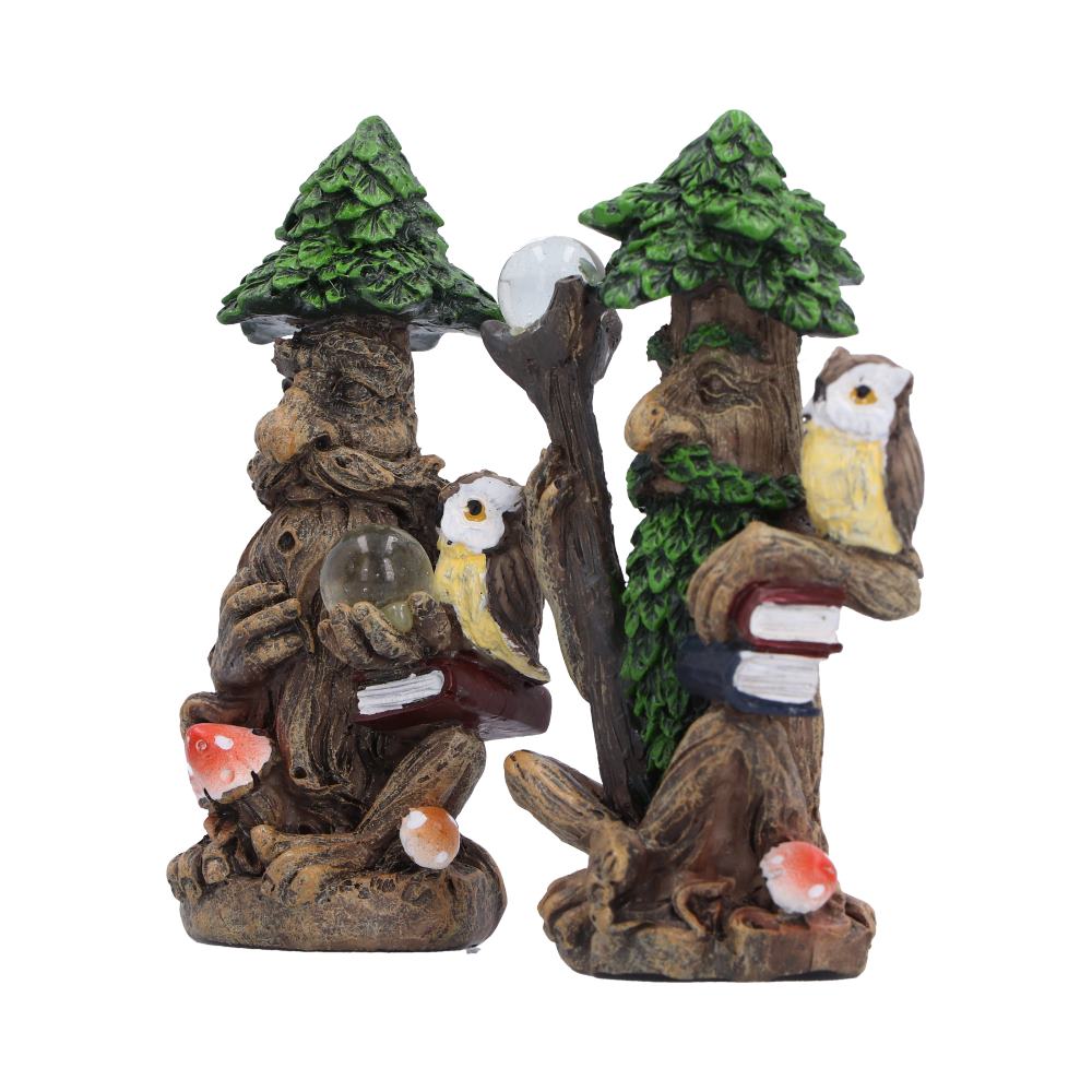 Ancient Scholars Woodland Figure Set - angled pair showing owl, orb and red mushroom details