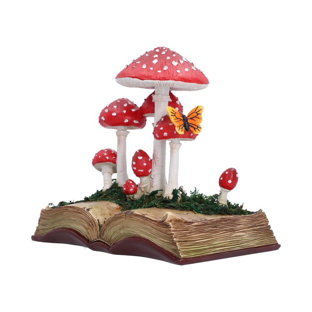 Toadstool Tales Book Ornament - angled book base with varied mushroom heights and greenery