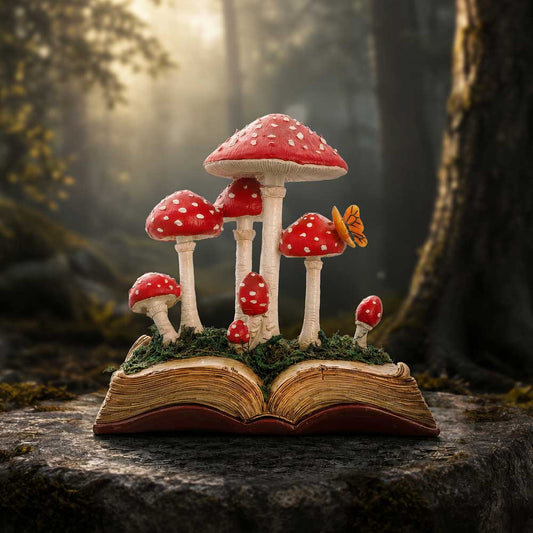 Toadstool Tales Book Ornament - storybook toadstools in a woodland-themed display
