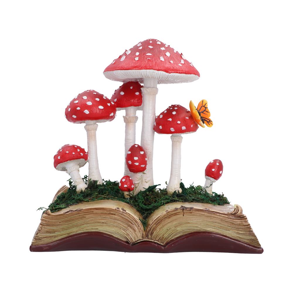 Toadstool Tales Book Ornament - red and white mushrooms growing from an open sculpted book