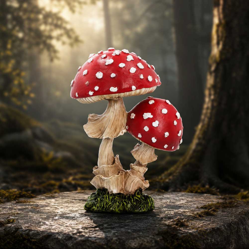 Wildwood Toadstools Ornament - red woodland mushrooms displayed among natural-looking greenery