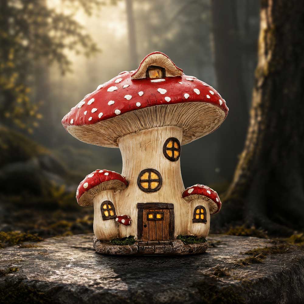 Toadstool Cottage Ornament - mushroom cottage in a woodland-style scene with glowing window artwork