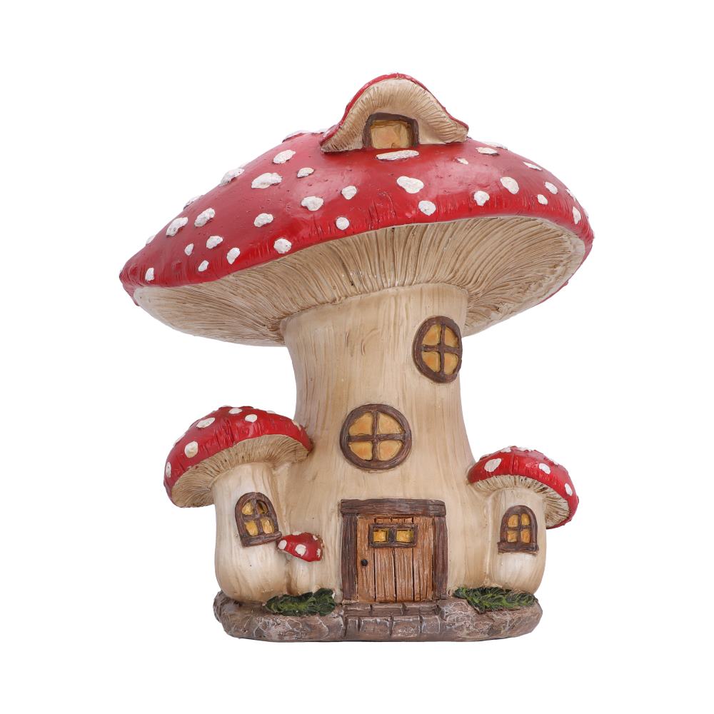 Toadstool Cottage Ornament - red-capped mushroom cottage with front door and round windows