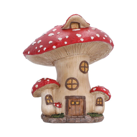 Toadstool Cottage Ornament - red-capped mushroom cottage with front door and round windows