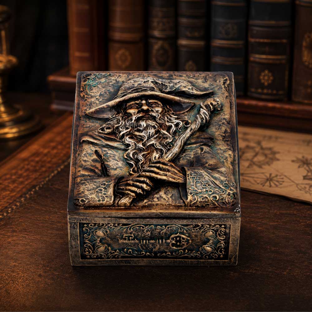 Wizard’s Hoard Trinket Box - wizard portrait box arranged on a fantasy-themed tabletop