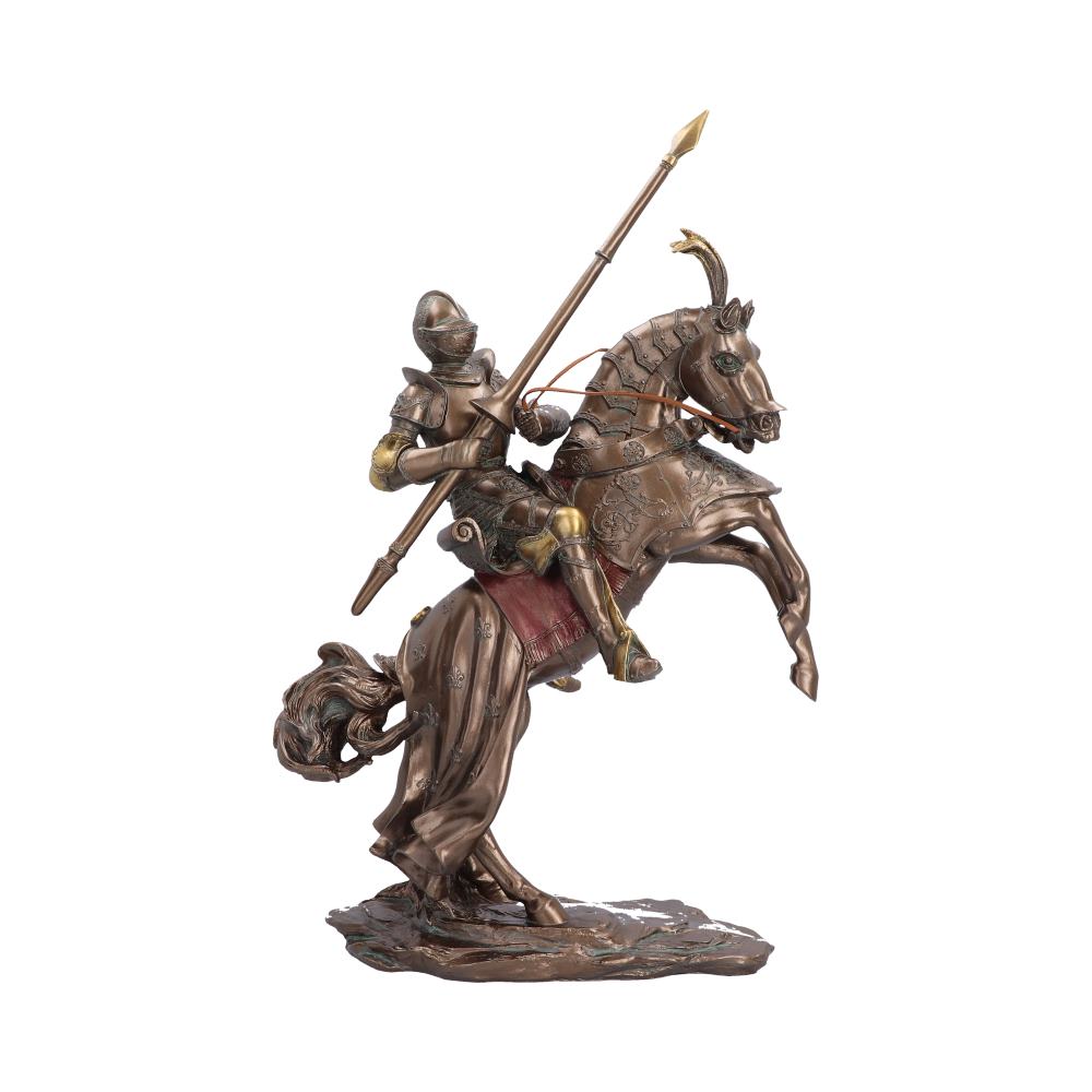 Knight’s Charge Mounted Knight Figurine - armoured knight on a rearing bronze-toned horse