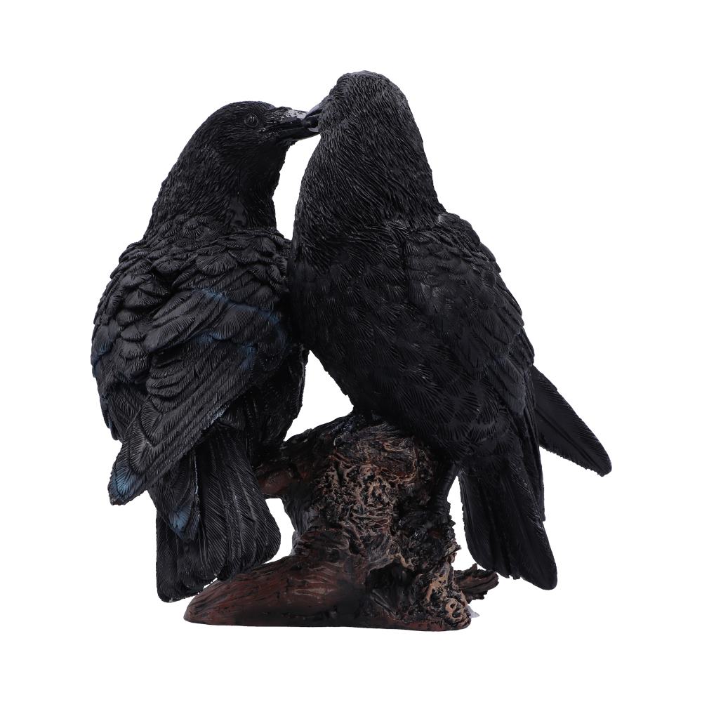 Midnight Kiss Raven Ornament - angled view of the affectionate birds and brown perch