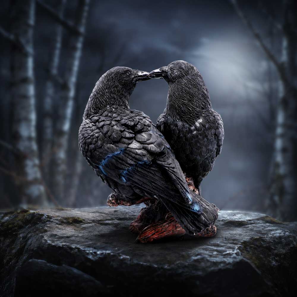 Midnight Kiss Raven Ornament - raven pair on its wood-effect branch in a woodland setting