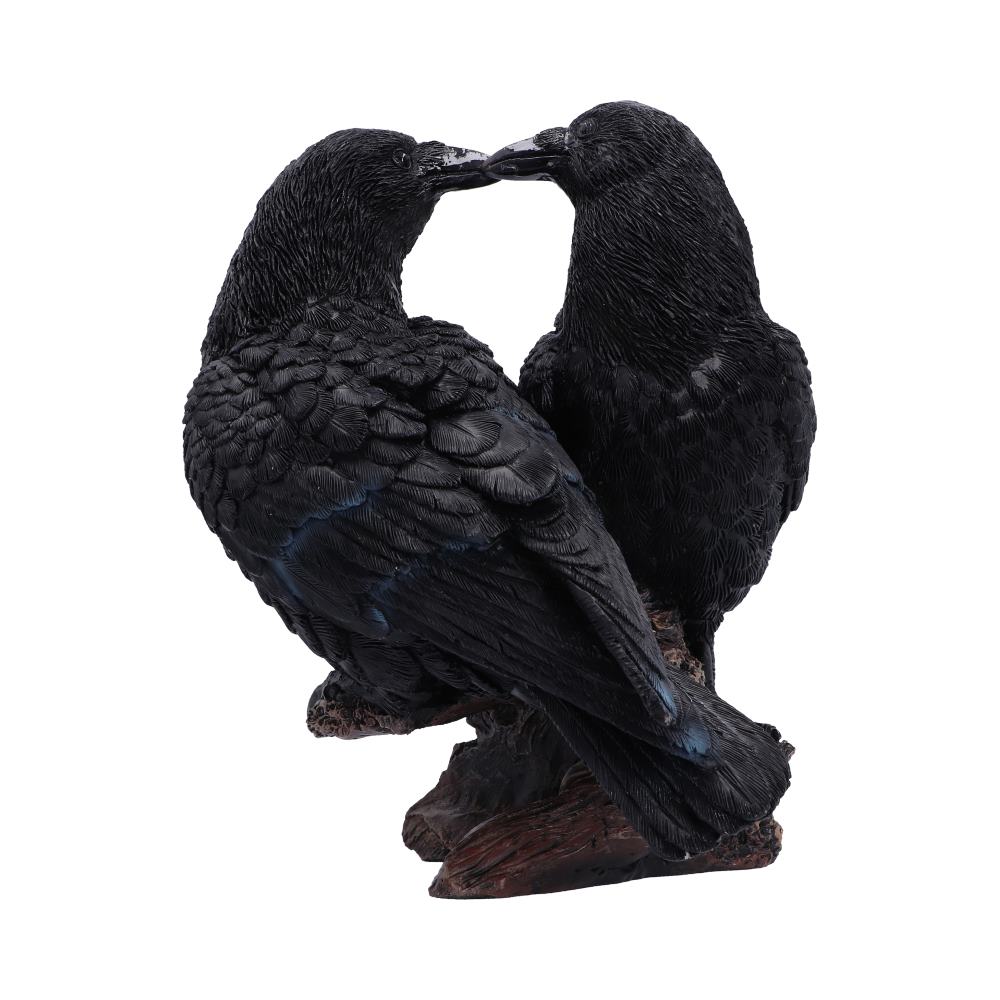 Midnight Kiss Raven Ornament - two black ravens meeting beak to beak on a shared branch
