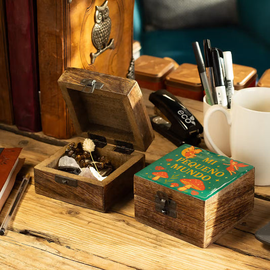 Mi Pequeño Mundo small enamelled mango wood box with fairies moons mushrooms and ladybirds on teal lid