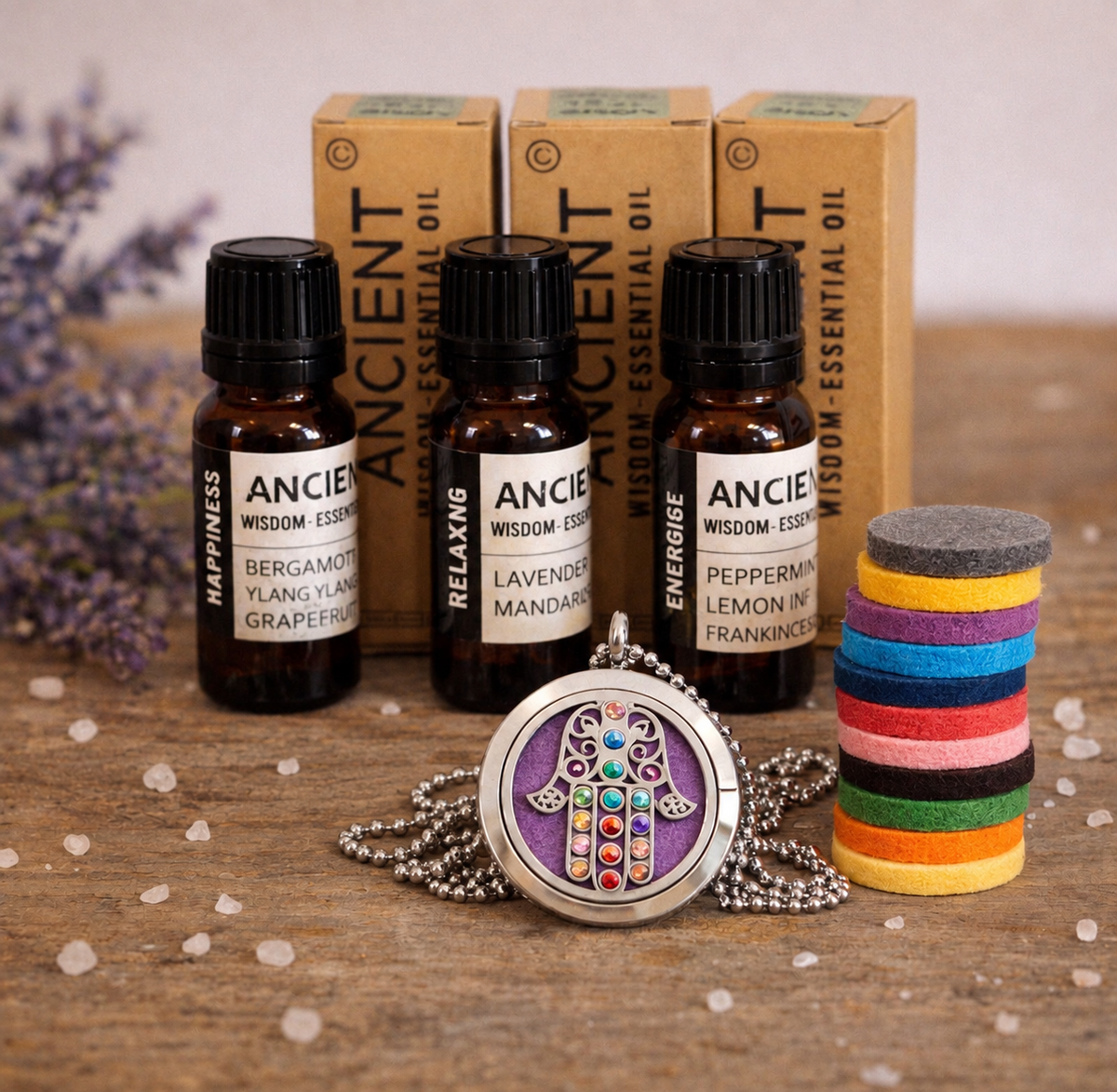 Hamsa Chakra aromatherapy diffuser necklace with Energising Happiness and Relaxing essential oil blends UK