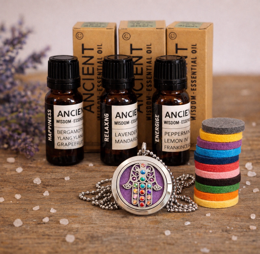 Hamsa Chakra aromatherapy diffuser necklace with Energising Happiness and Relaxing essential oil blends UK