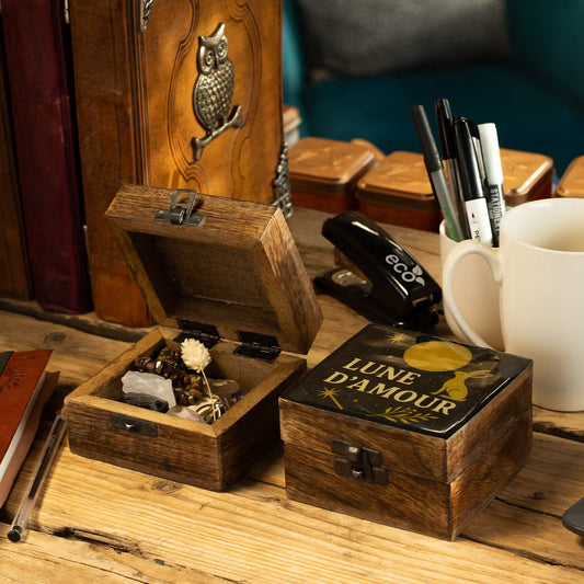 Lune d'Amore small enamelled mango wood box with golden crescent moon stars and hare on a dark night sky