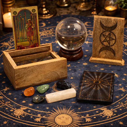 Small mango wood tarot box with single deck storage compartment and integrated upright card holder
