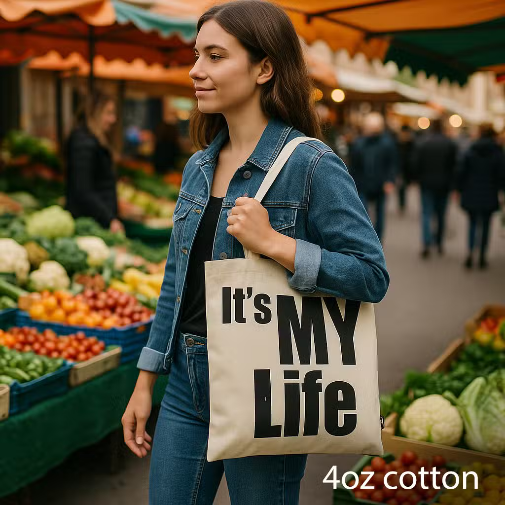 It's My Life natural 4oz cotton tote bag with inspirational slogan design.