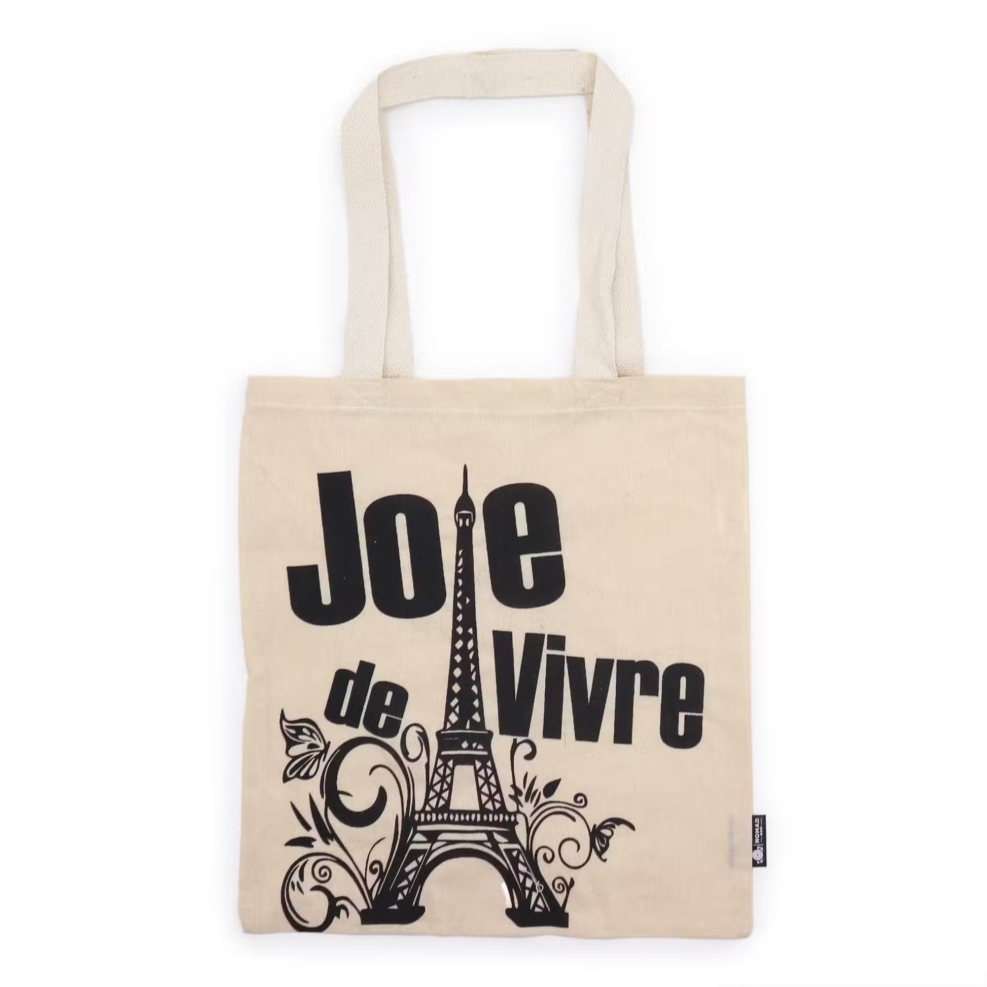 Joie de Vivre natural 4oz cotton tote bag with Eiffel Tower design and French-inspired artwork.
