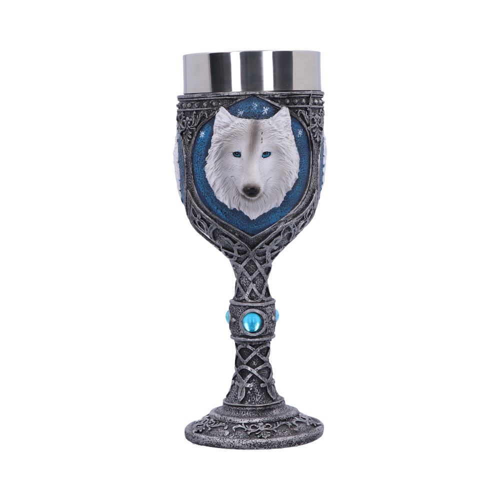 A decorative goblet with a metal top features a sculpted white wolf head on a blue backdrop, with Celtic knot patterns and blue jewels accenting the stem and base, set against a white background.