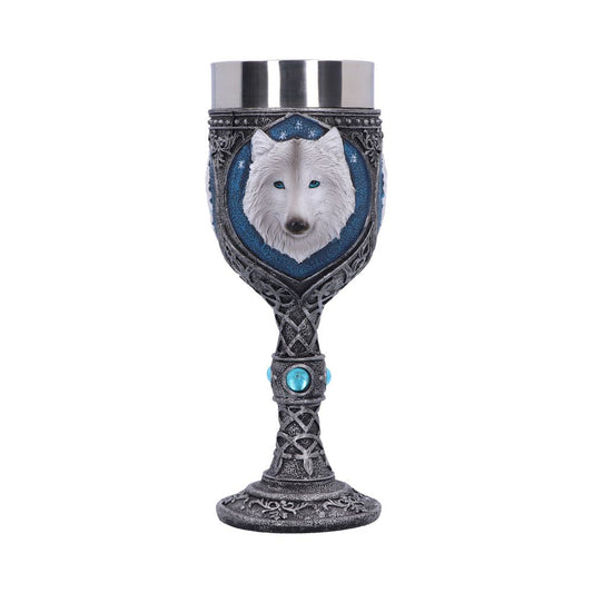 A silver chalice features a white wolf head with blue eyes on a blue starry background near the top. Below, the stem is adorned with turquoise stones, on a white background.